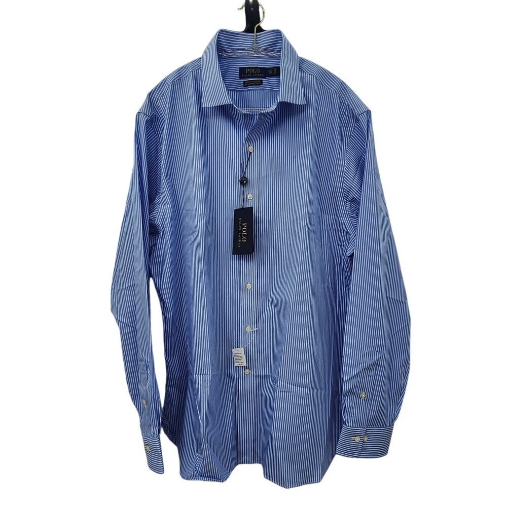 New NWT Polo Ralph Lauren Striped Blue Dress Shirt Size 17.5 Neck‎ 100% Cotton